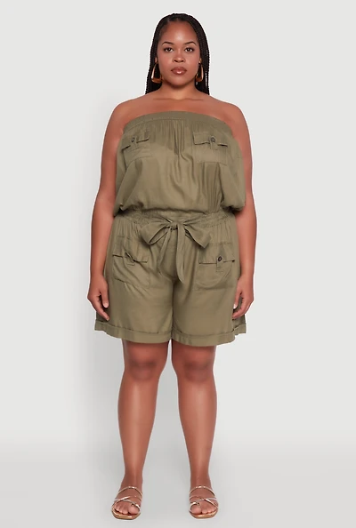 Womens Plus Size Strapless Cargo Pocket Romper, Green, Size 3X