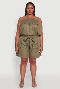 Womens Plus Size Strapless Cargo Pocket Romper, Green, Size 3X