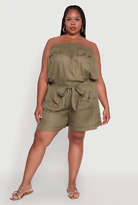 Womens Plus Size Strapless Cargo Pocket Romper, Green, Size 3X