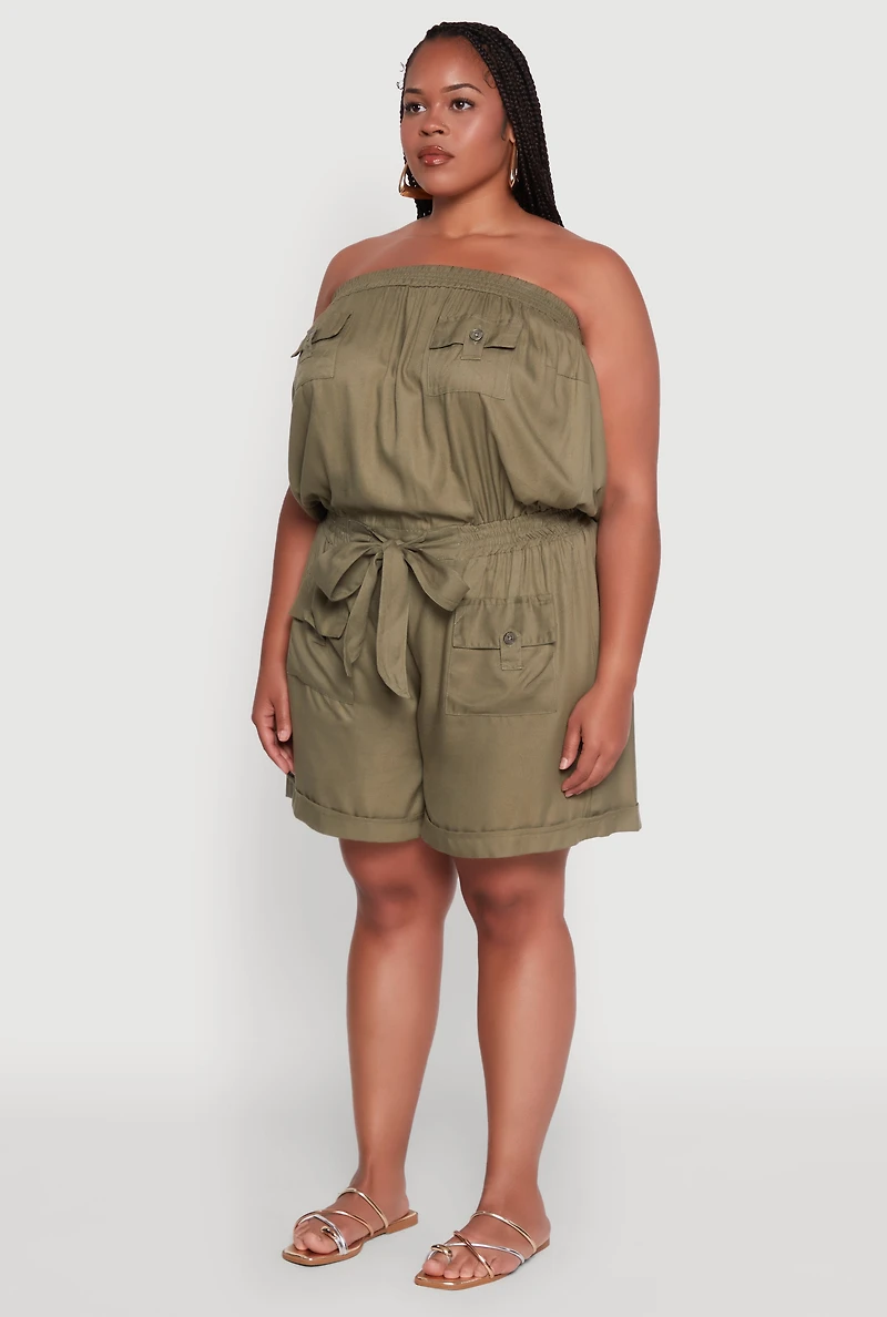 Womens Plus Size Strapless Cargo Pocket Romper, Green, Size 3X