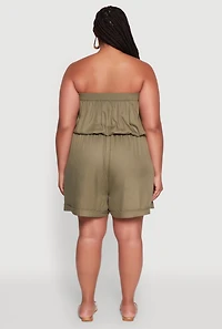 Womens Plus Size Strapless Cargo Pocket Romper, Green, Size 3X