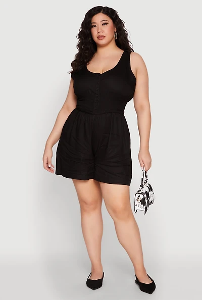 Womens Plus Size Smocked Half Button Romper, Black, Size 2X