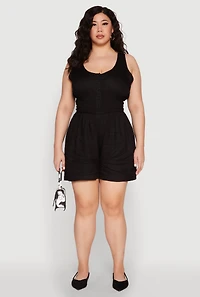 Womens Plus Size Smocked Half Button Romper, Black, Size 2X