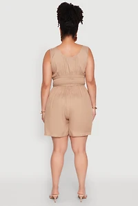 Womens Plus Size Smocked Half Button Romper, Beige, Size 3X