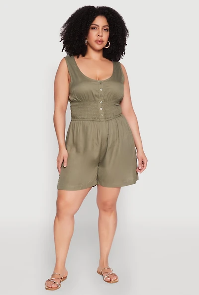 Womens Plus Size Smocked Half Button Romper, Green, Size 2X
