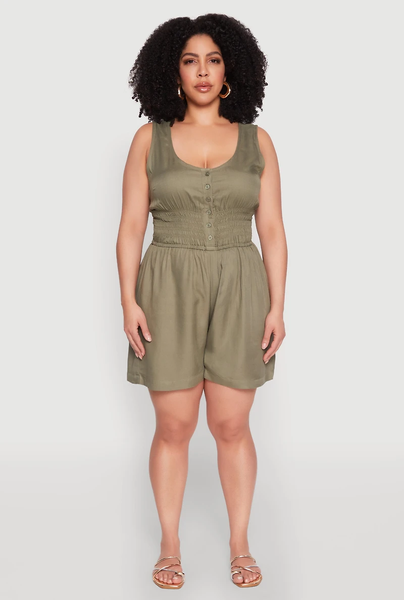Womens Plus Size Smocked Half Button Romper, Green, Size 2X