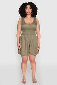 Womens Plus Size Smocked Half Button Romper, Green, Size 2X