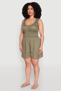 Womens Plus Size Smocked Half Button Romper, Green, Size 2X