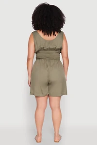 Womens Plus Size Smocked Half Button Romper, Green, Size 3X
