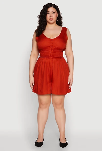 Womens Plus Size Smocked Half Button Romper, Orange, Size 2X
