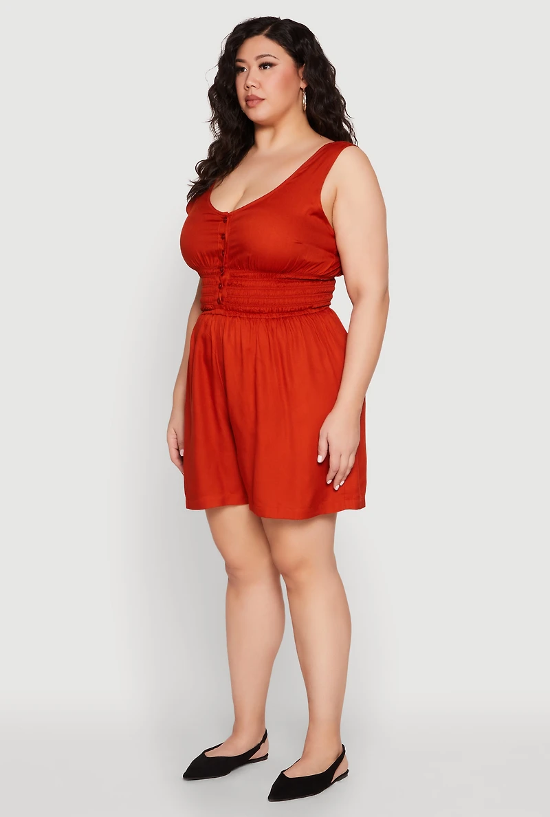 Womens Plus Size Smocked Half Button Romper, Orange, Size 2X