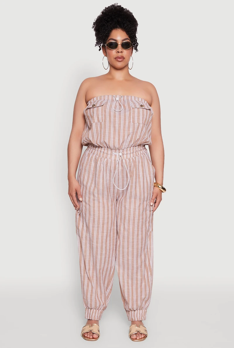 Womens Plus Stylish Striped Strapless Tapered Leg Jumpsuit,