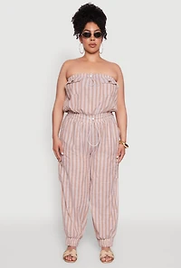 Womens Plus Stylish Striped Strapless Tapered Leg Jumpsuit,