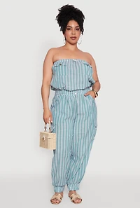 Plus Stylish Striped Strapless Tapered Leg Jumpsuit