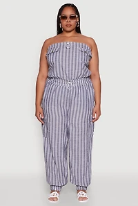 Womens Plus Size Stylish Striped Strapless Tapered Leg Jumpsuit, Blue, Size 2X