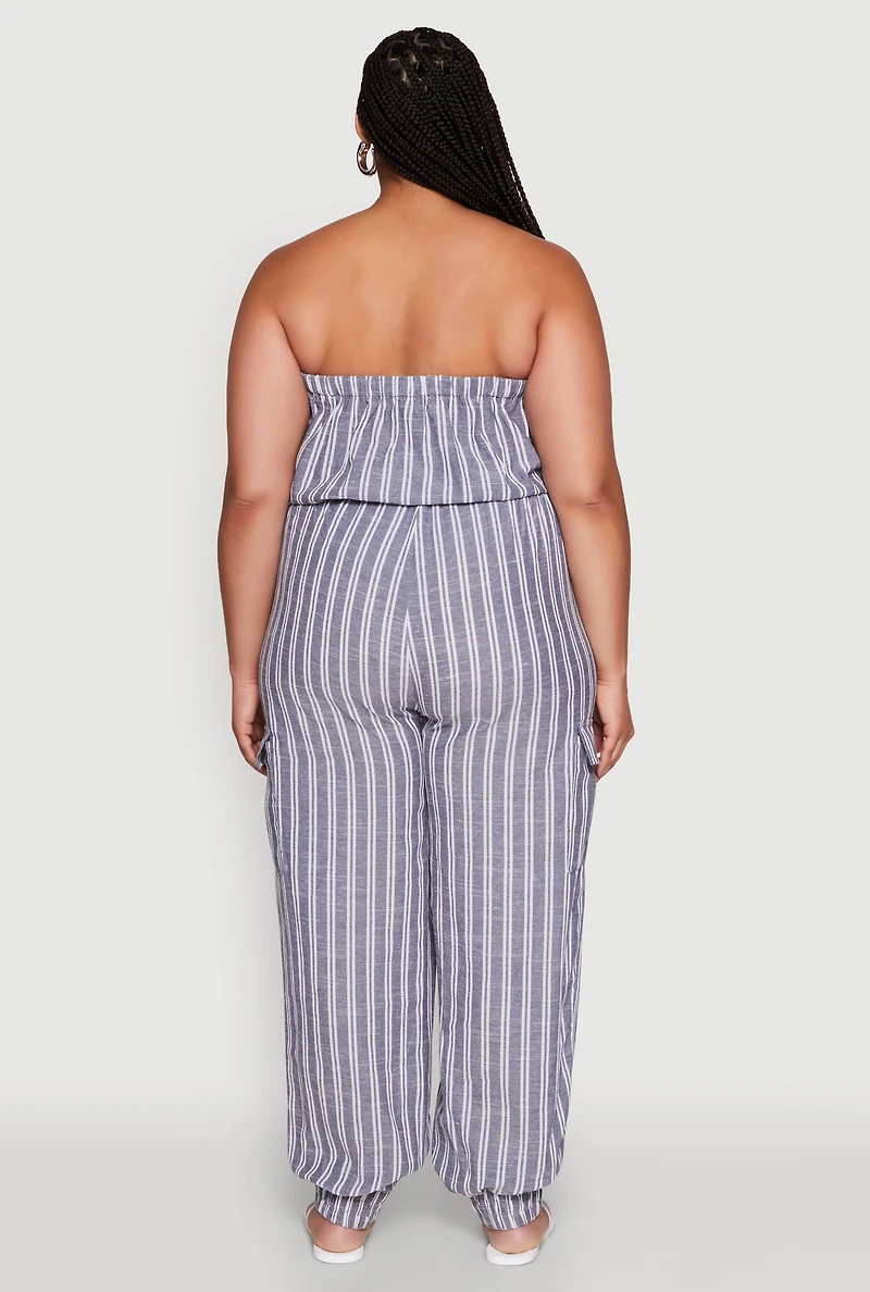 Womens Plus Size Stylish Striped Strapless Tapered Leg Jumpsuit, Blue, Size 2X