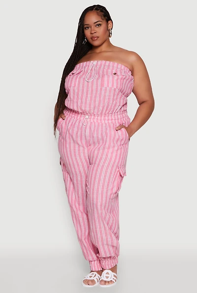 Womens Plus Size Stylish Striped Strapless Tapered Leg Jumpsuit, Pink, Size 3X