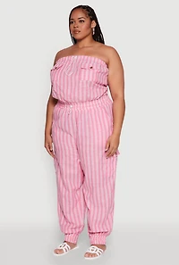 Womens Plus Size Stylish Striped Strapless Tapered Leg Jumpsuit, Pink, Size 3X