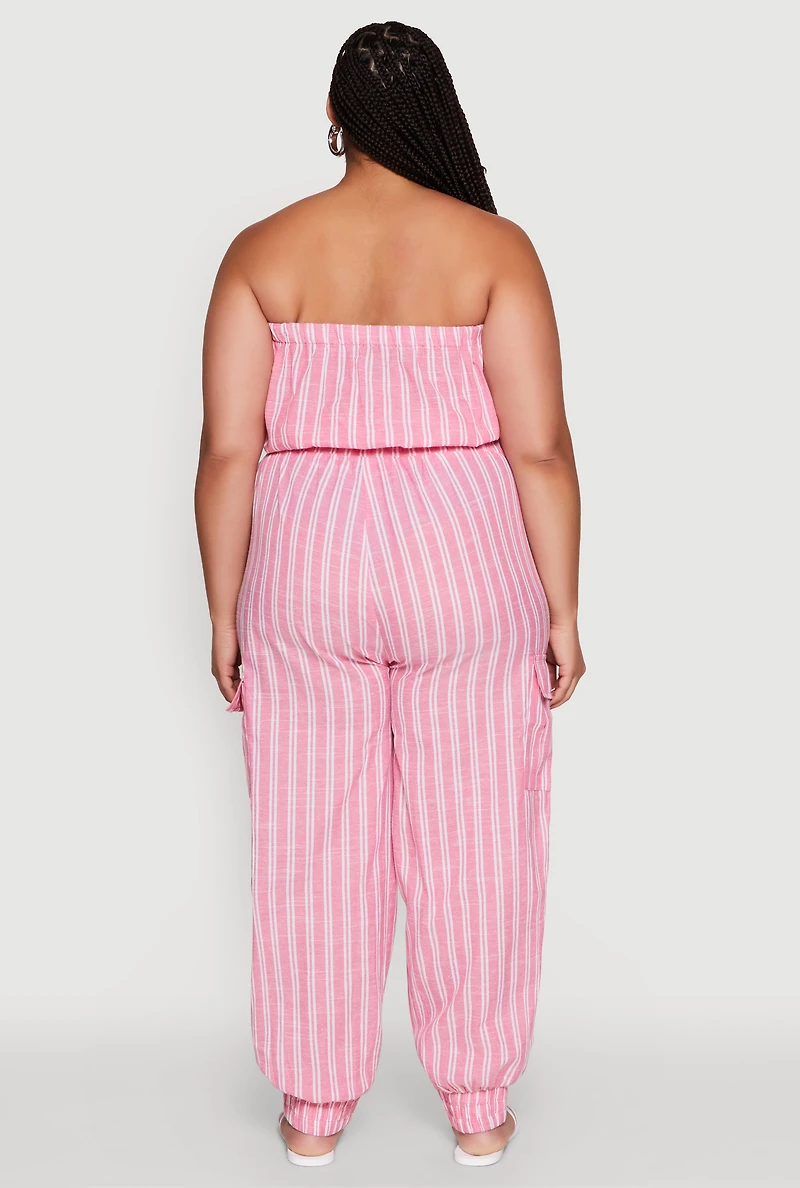 Womens Plus Size Stylish Striped Strapless Tapered Leg Jumpsuit, Pink, Size 3X