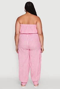 Womens Plus Size Stylish Striped Strapless Tapered Leg Jumpsuit, Pink, Size 3X