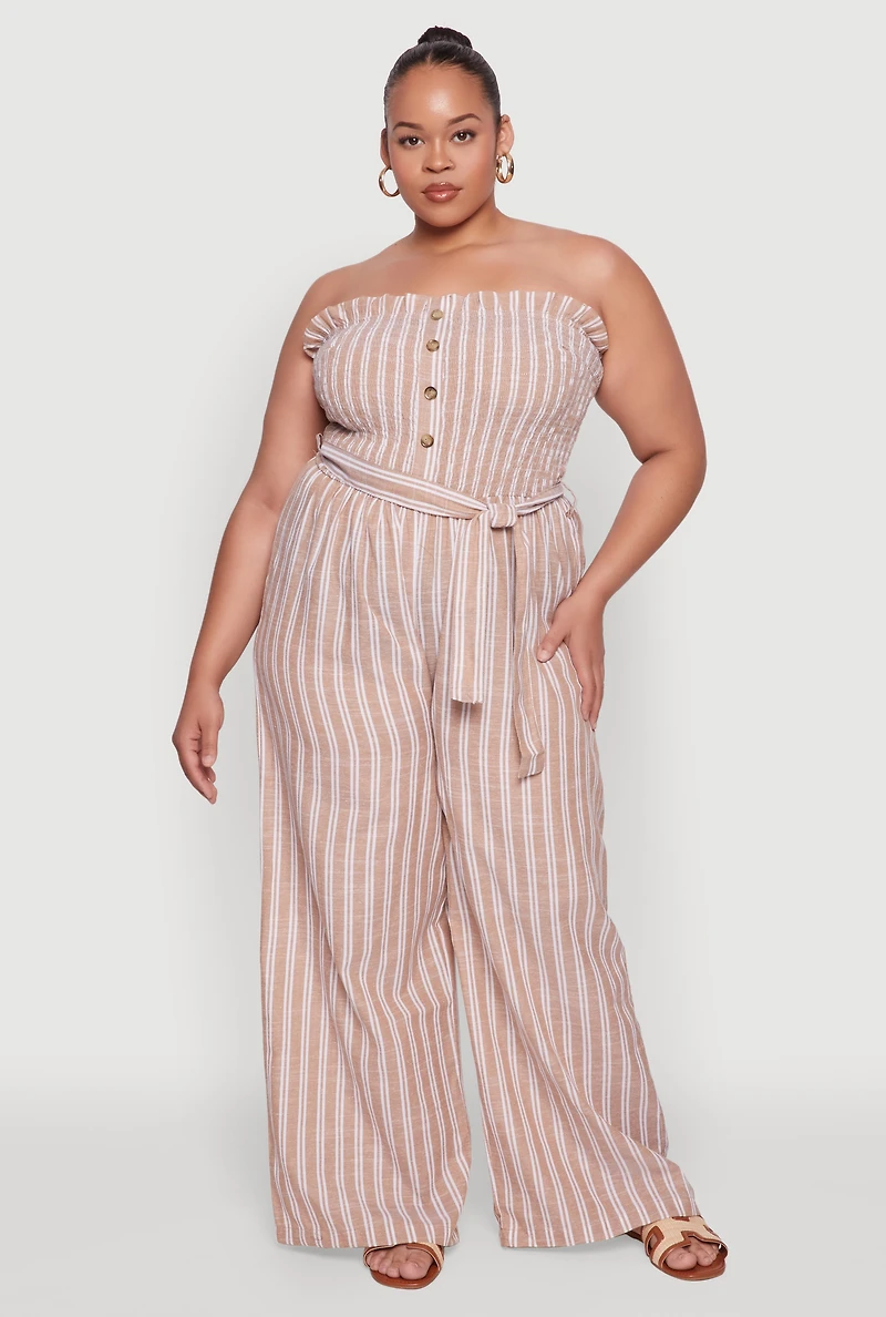 Womens Plus Smocked Pinstripe Jumpsuit,