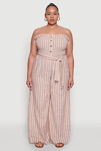 Womens Plus Smocked Pinstripe Jumpsuit,