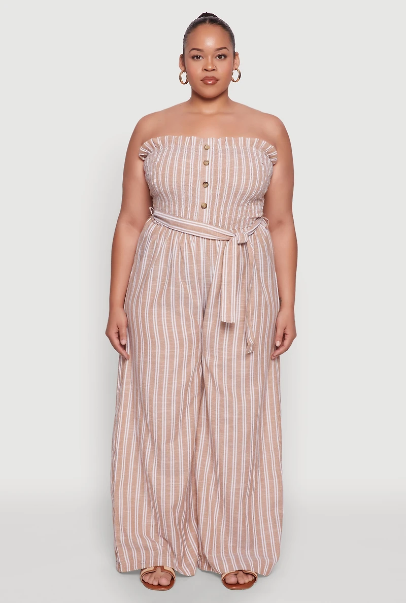 Womens Plus Smocked Pinstripe Jumpsuit, 3X