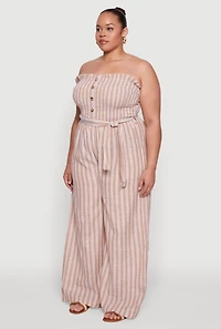 Womens Plus Smocked Pinstripe Jumpsuit,