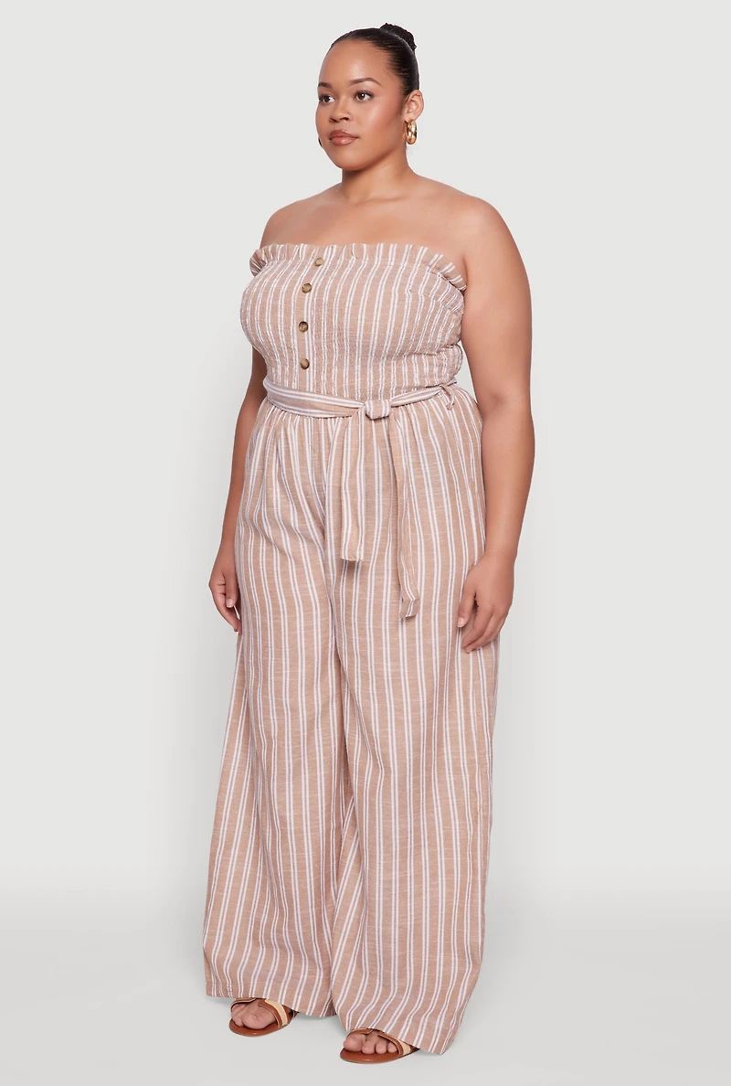 Womens Plus Smocked Pinstripe Jumpsuit, 3X