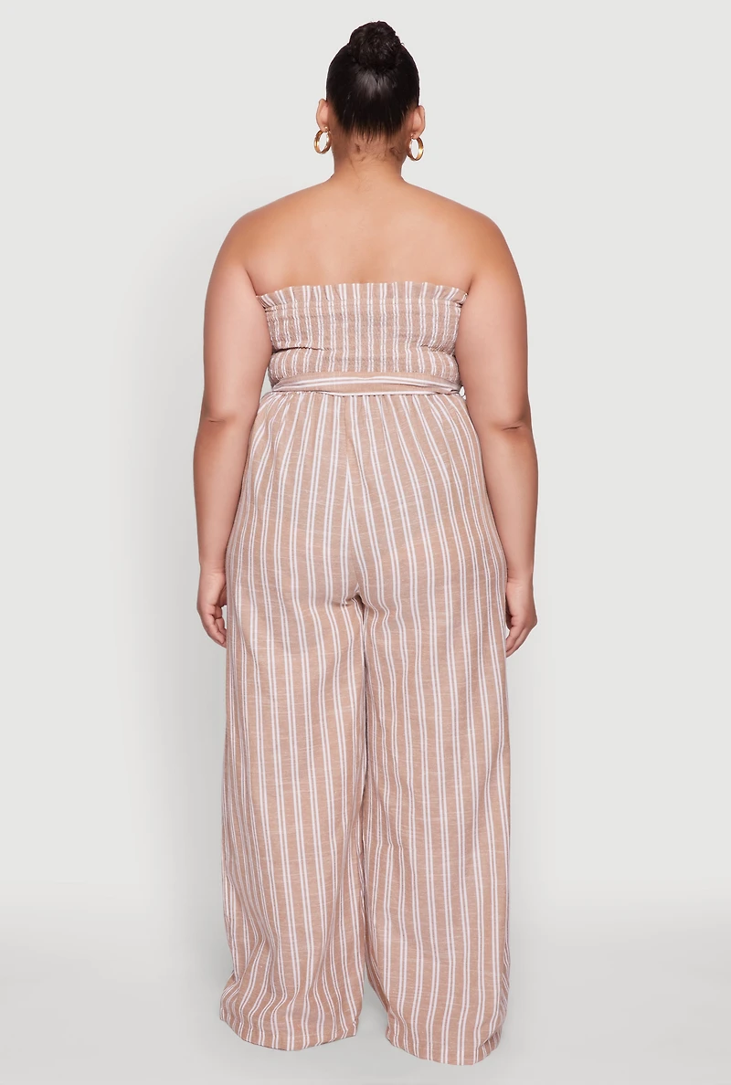 Womens Plus Smocked Pinstripe Jumpsuit, 3X