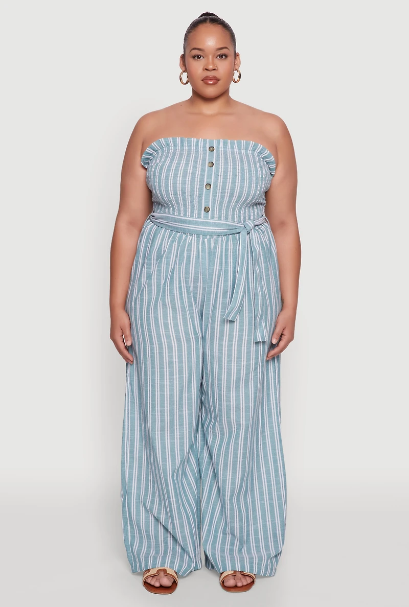 Womens Plus Size Smocked Pinstripe Jumpsuit, Blue, Size 2X
