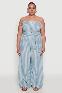 Womens Plus Size Smocked Pinstripe Jumpsuit, Blue, Size 2X