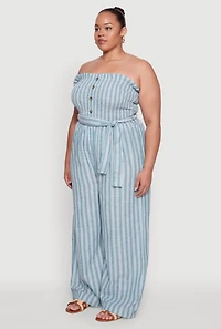 Womens Plus Smocked Pinstripe Jumpsuit,