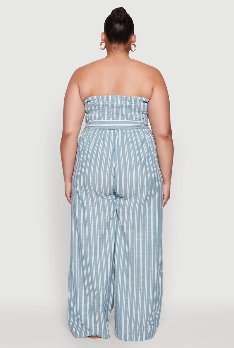 Womens Plus Size Smocked Pinstripe Jumpsuit, Blue, Size 2X