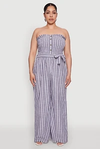 Womens Plus Smocked Pinstripe Jumpsuit,