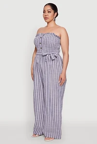 Womens Plus Smocked Pinstripe Jumpsuit,