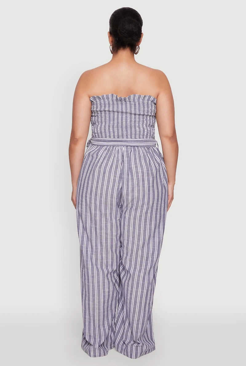 Womens Plus Smocked Pinstripe Jumpsuit, 2X