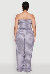 Womens Plus Smocked Pinstripe Jumpsuit, 2X