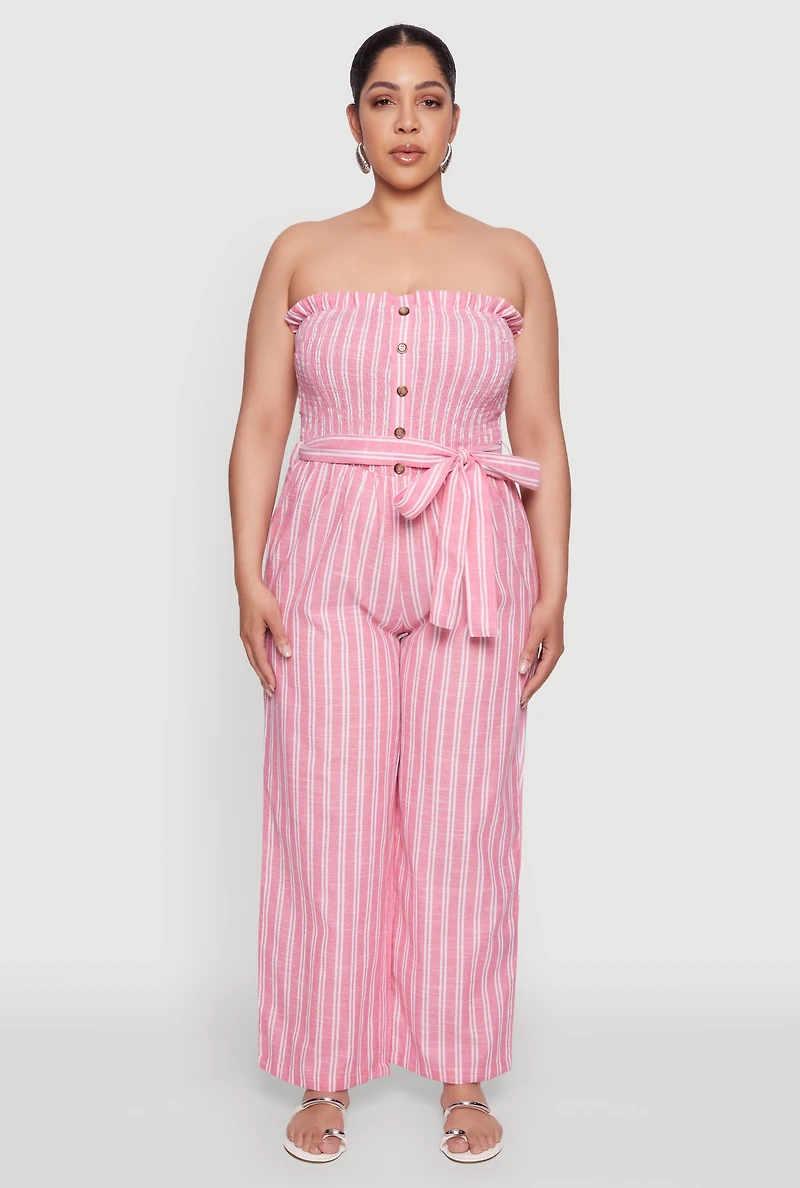 Womens Plus Size Smocked Pinstripe Jumpsuit, Pink, Size 3X
