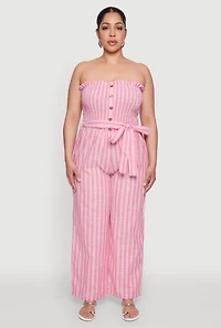 Womens Plus Size Smocked Pinstripe Jumpsuit, Pink, Size 3X