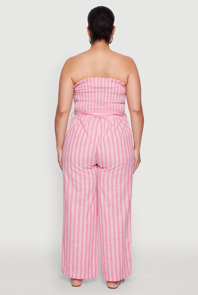 Womens Plus Size Smocked Pinstripe Jumpsuit, Pink, Size 3X
