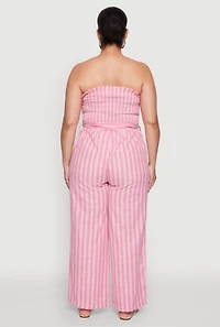 Womens Plus Size Smocked Pinstripe Jumpsuit, Pink, Size 3X