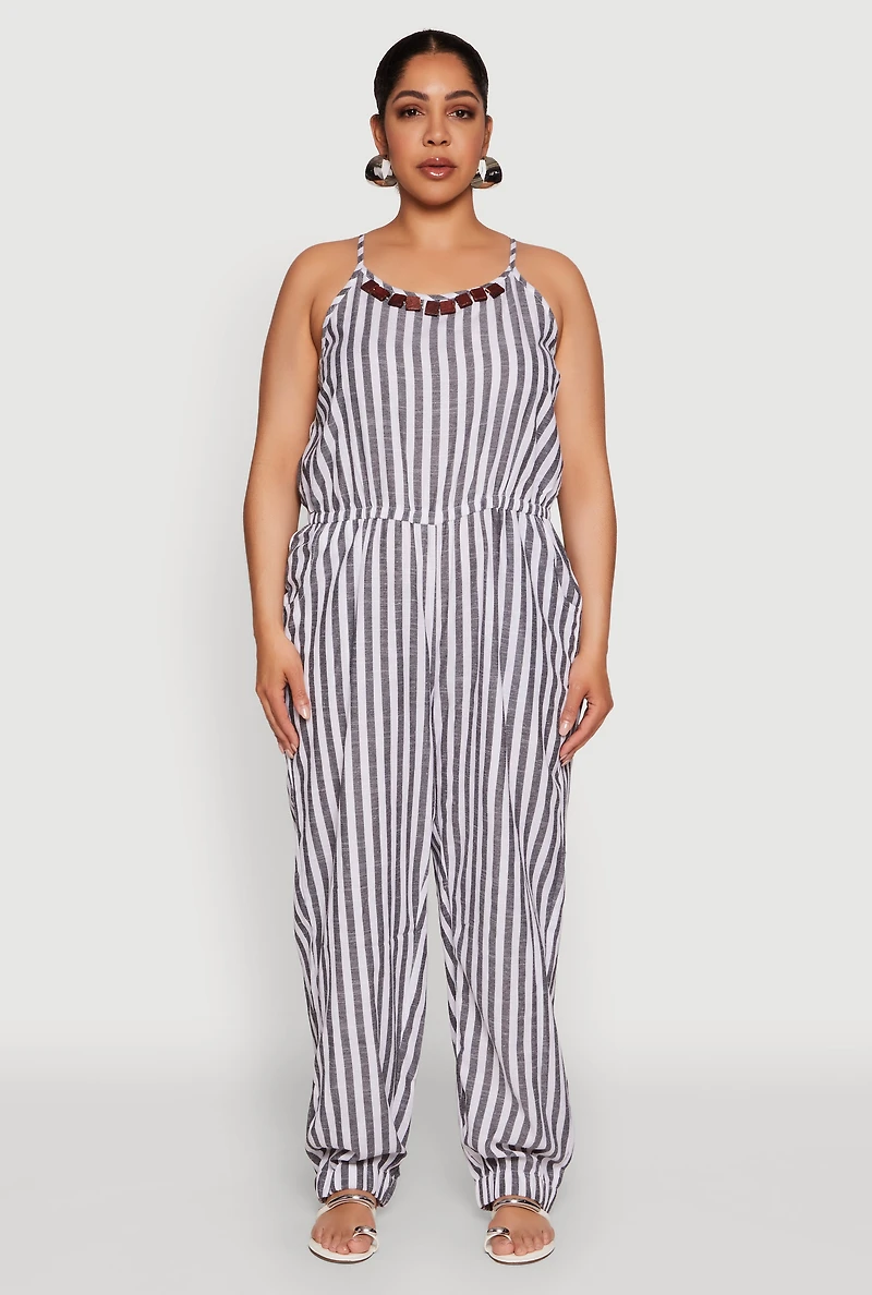 Womens Plus Size Wooden Beaded Detail Striped Jumpsuit, Multi, Size 3X