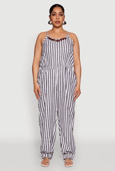 Womens Plus Size Wooden Beaded Detail Striped Jumpsuit, Multi, Size 3X