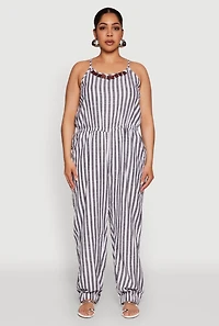 Womens Plus Size Wooden Beaded Detail Striped Jumpsuit, Multi, Size 3X