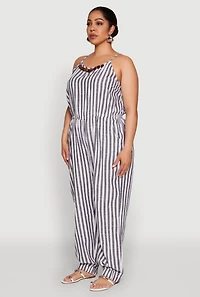 Womens Plus Size Wooden Beaded Detail Striped Jumpsuit, Multi, Size 3X