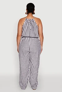 Womens Plus Size Wooden Beaded Detail Striped Jumpsuit, Multi, Size 3X