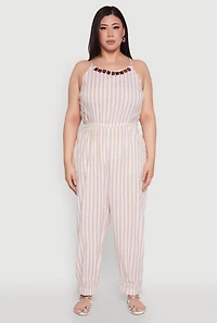 Womens Plus Wooden Beaded Detail Striped Jumpsuit,