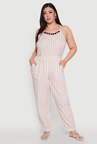 Womens Plus Wooden Beaded Detail Striped Jumpsuit, 3X