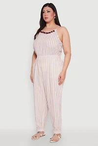 Womens Plus Wooden Beaded Detail Striped Jumpsuit, 1X